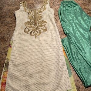Tunic Kurti Set Elegant Cream and Green Embroidered Dress with Pants
